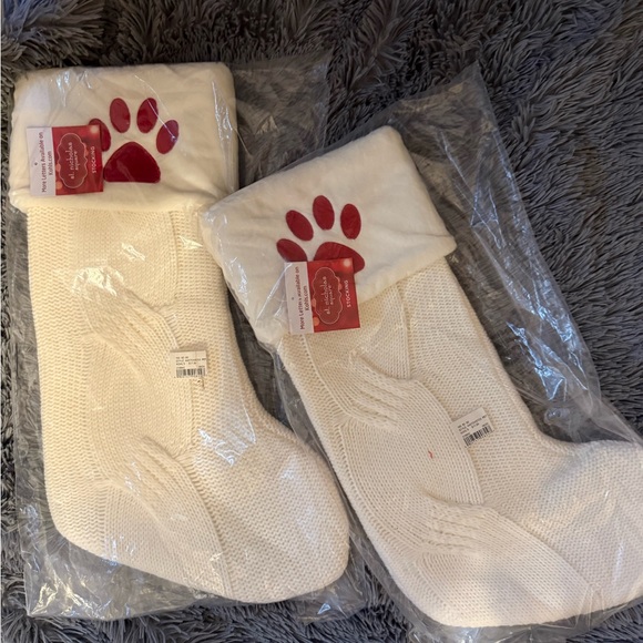 2 White Knit Sockings with Red Paw Design St. Nicholas Stockings - Picture 1 of 4
